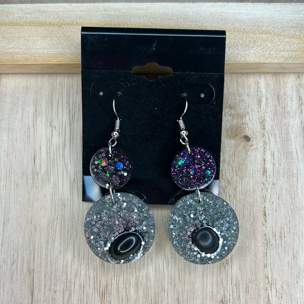 Black obsidian and glitter dangle earrings, handmade